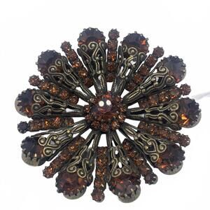 Unsigned Vendome Goldtone Copper Rhinestone Radial/Sunburst Filigree Brooch